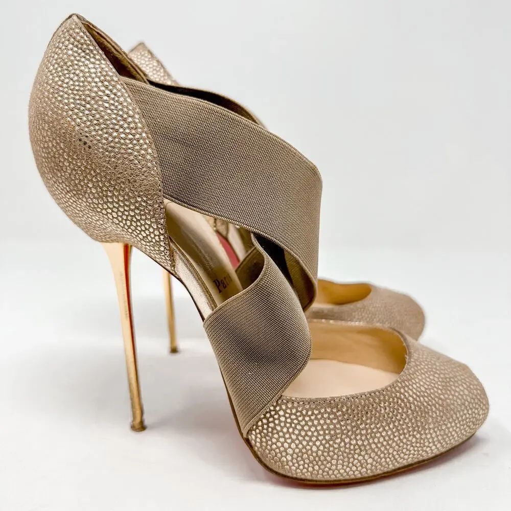 Christian Louboutin Gold Metallic Dotted Textured Big Dorcet Pump Heels EU 37